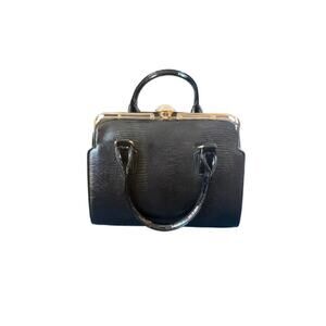 Retro Structured Black Patent Frame Handbag Gold Kiss Lock Leopard Lining Bag